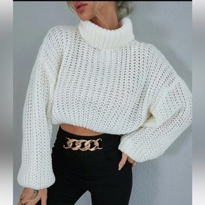White Turtleneck Sweater Lantern Sleeve Cropped Sweater NEW
